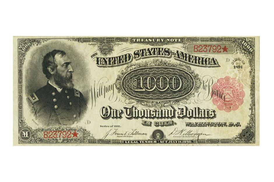 1891 red seal $1,000 treasury note: $2.5 million